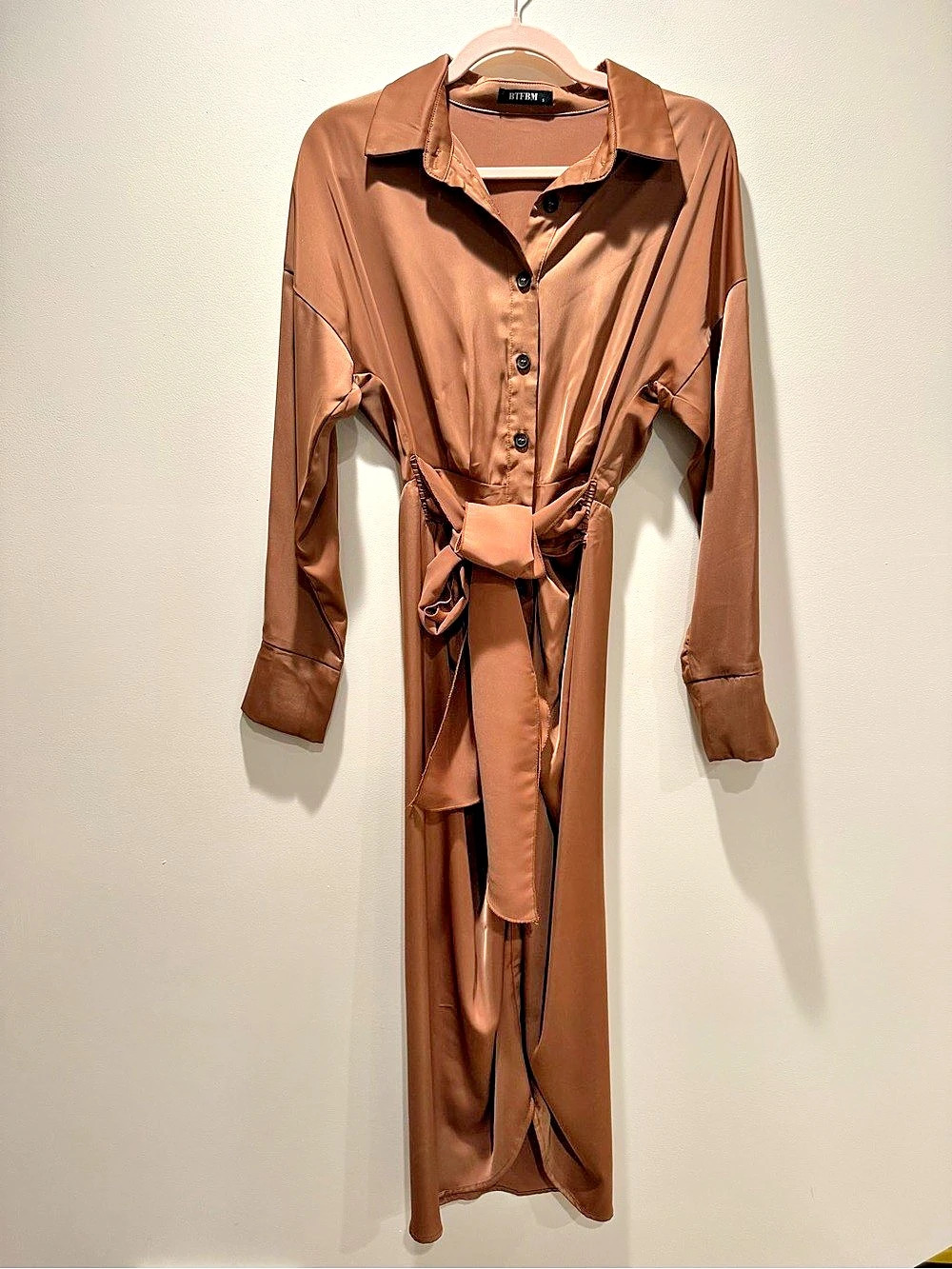 BTFBM Women Long Sleeve Satin Shirt Dress Ruched Button Down Midi Dress Long